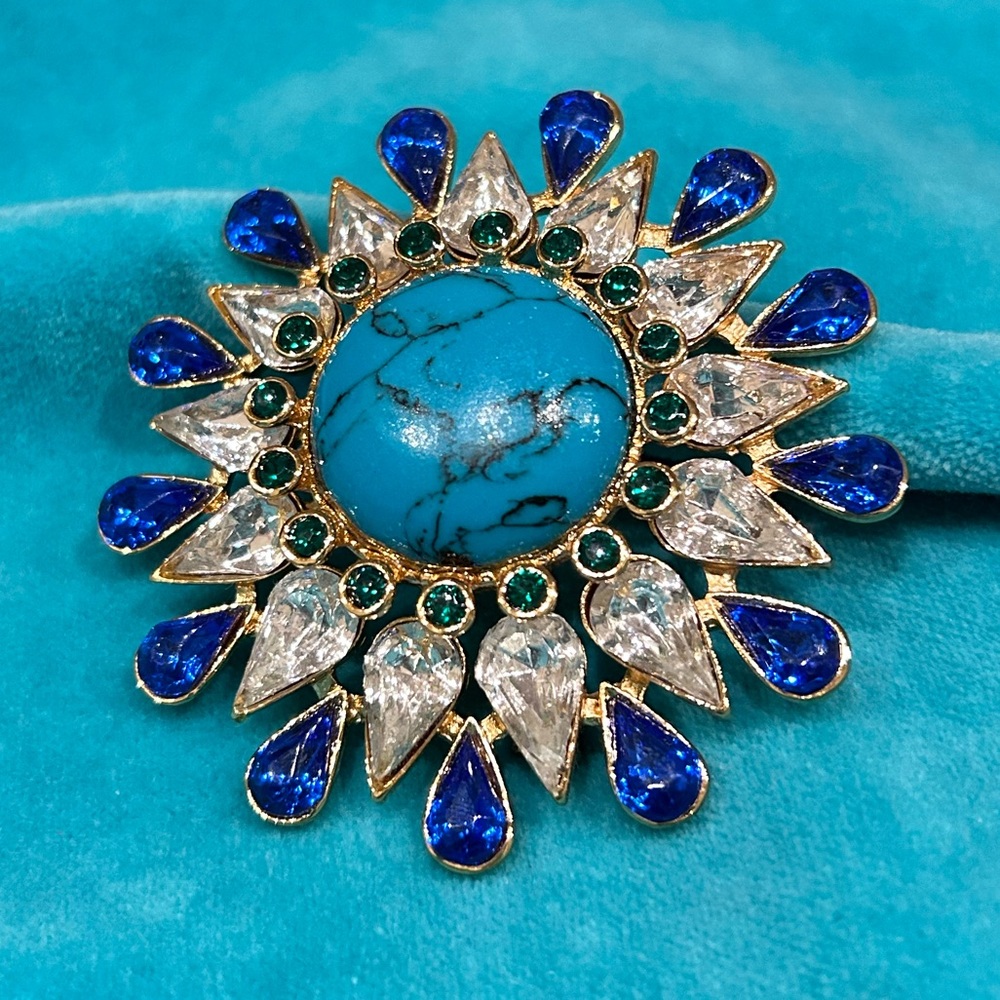Brooch - Gold Tone with Faux Turquoise and Rhinestones